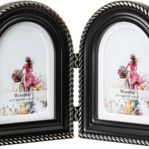 Wontree Double Hinged 5×7 Arch Picture Frame With Antique Gold Rope Edge, Solid Wood With Real Glass, Display 5×7 Photos