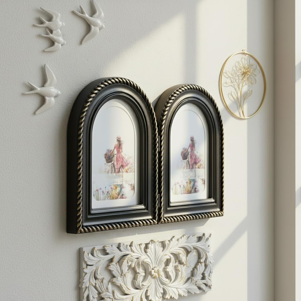 Alternative view of Wontree Double Hinged 5×7 Arch Picture Frame With Antique Gold Rope Edge, Solid Wood With Real Glass, Display 5×7 Photos